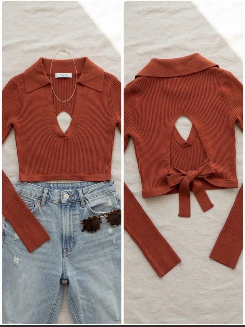 TIMING Ribbed Open-Back & Front Cutout Cropped Sweater (Rust / Size S)